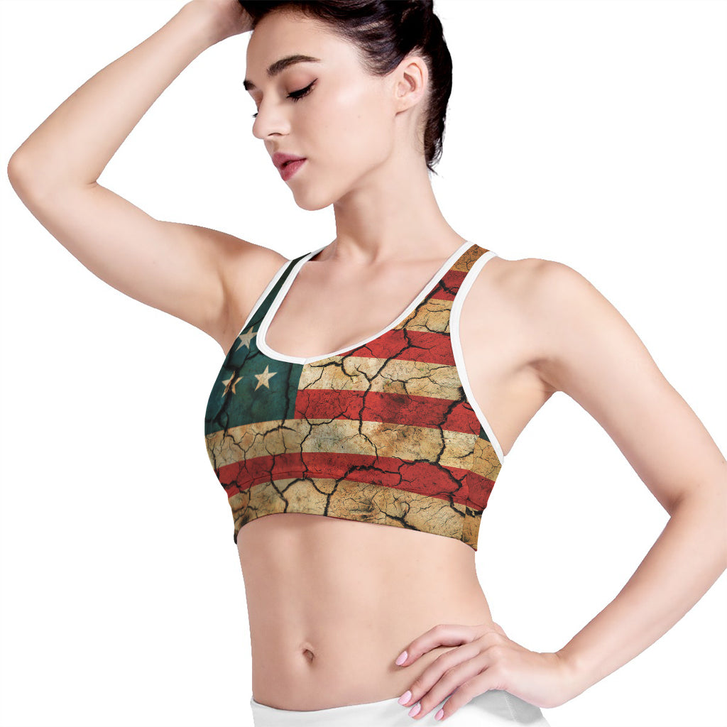 Cracked American Flag Print Women's Sports Bra