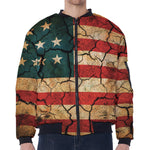 Cracked American Flag Print Zip Sleeve Bomber Jacket