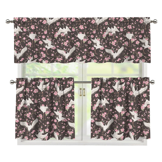 Crane Bird And Flower Pattern Print 3 Piece Kitchen Curtains