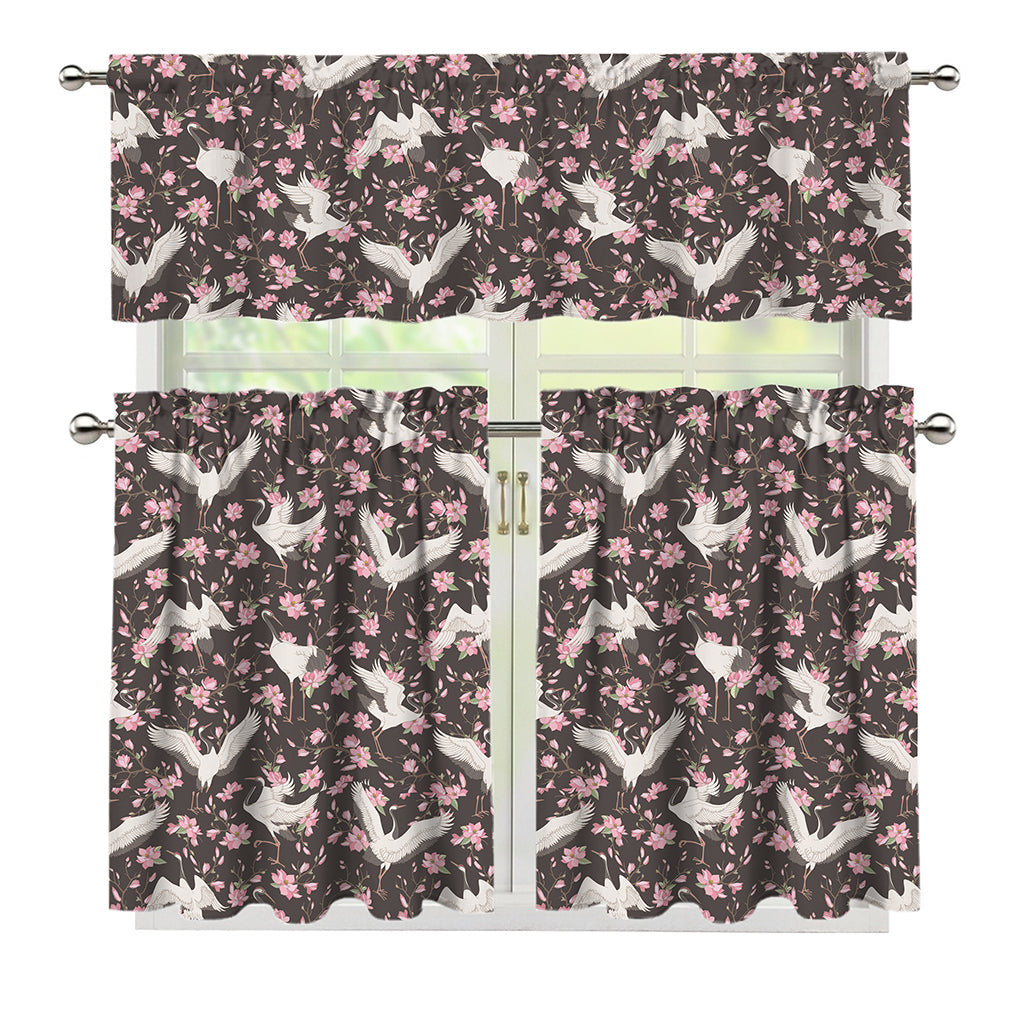 Crane Bird And Flower Pattern Print 3 Piece Kitchen Curtains
