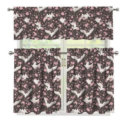 Crane Bird And Flower Pattern Print 3 Piece Kitchen Curtains