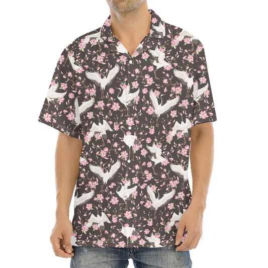 Crane Bird And Flower Pattern Print Aloha Shirt