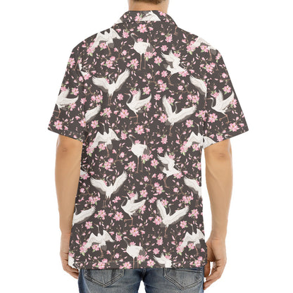 Crane Bird And Flower Pattern Print Aloha Shirt