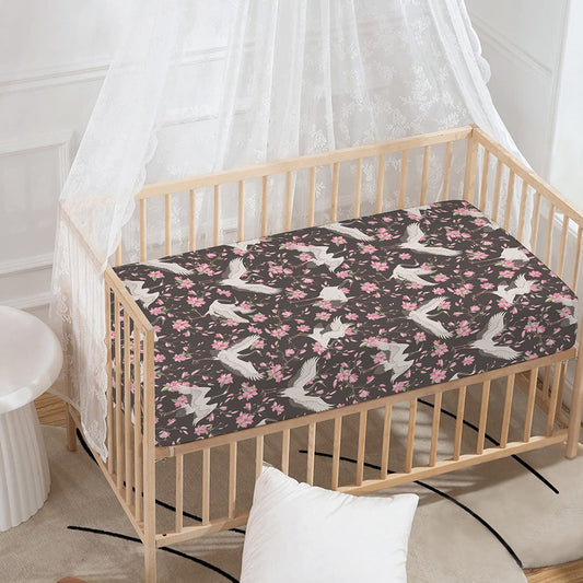 Crane Bird And Flower Pattern Print Baby Crib Sheet