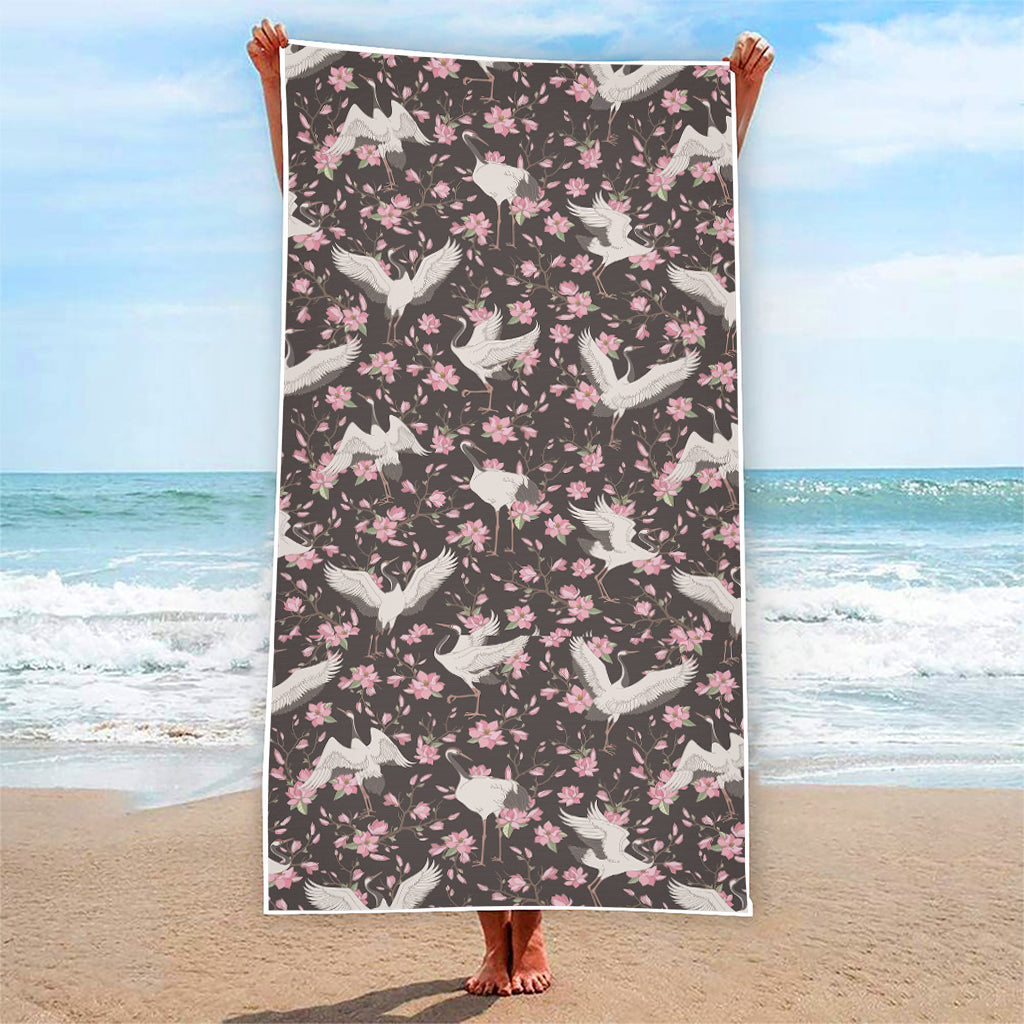 Crane Bird And Flower Pattern Print Beach Towel