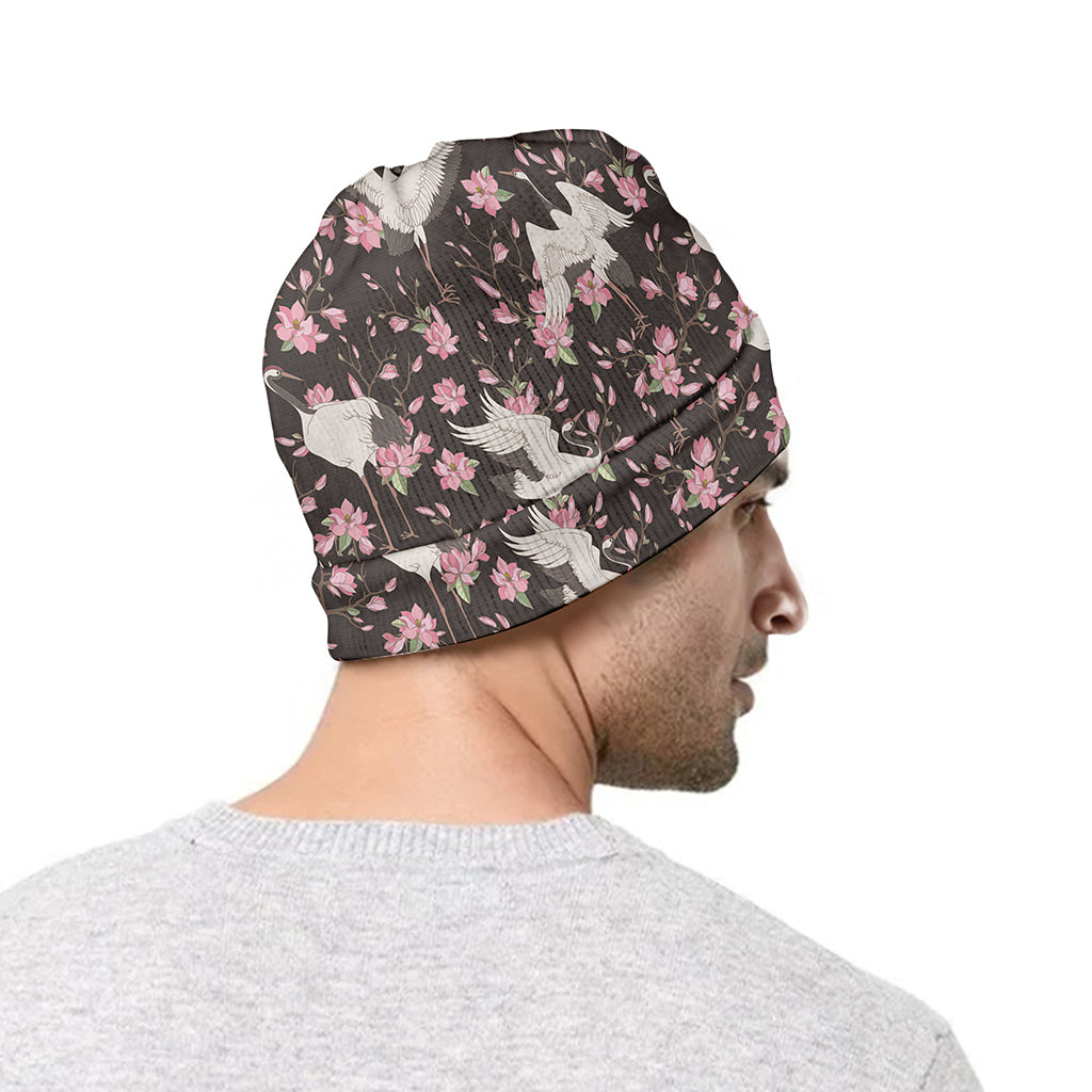 Crane Bird And Flower Pattern Print Beanie