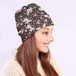 Crane Bird And Flower Pattern Print Beanie
