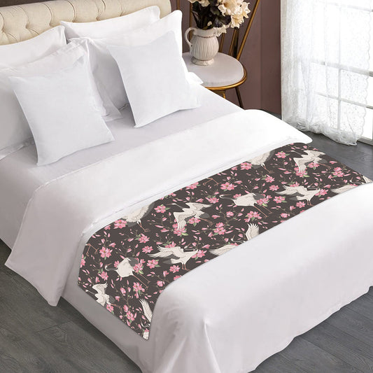 Crane Bird And Flower Pattern Print Bed Runner