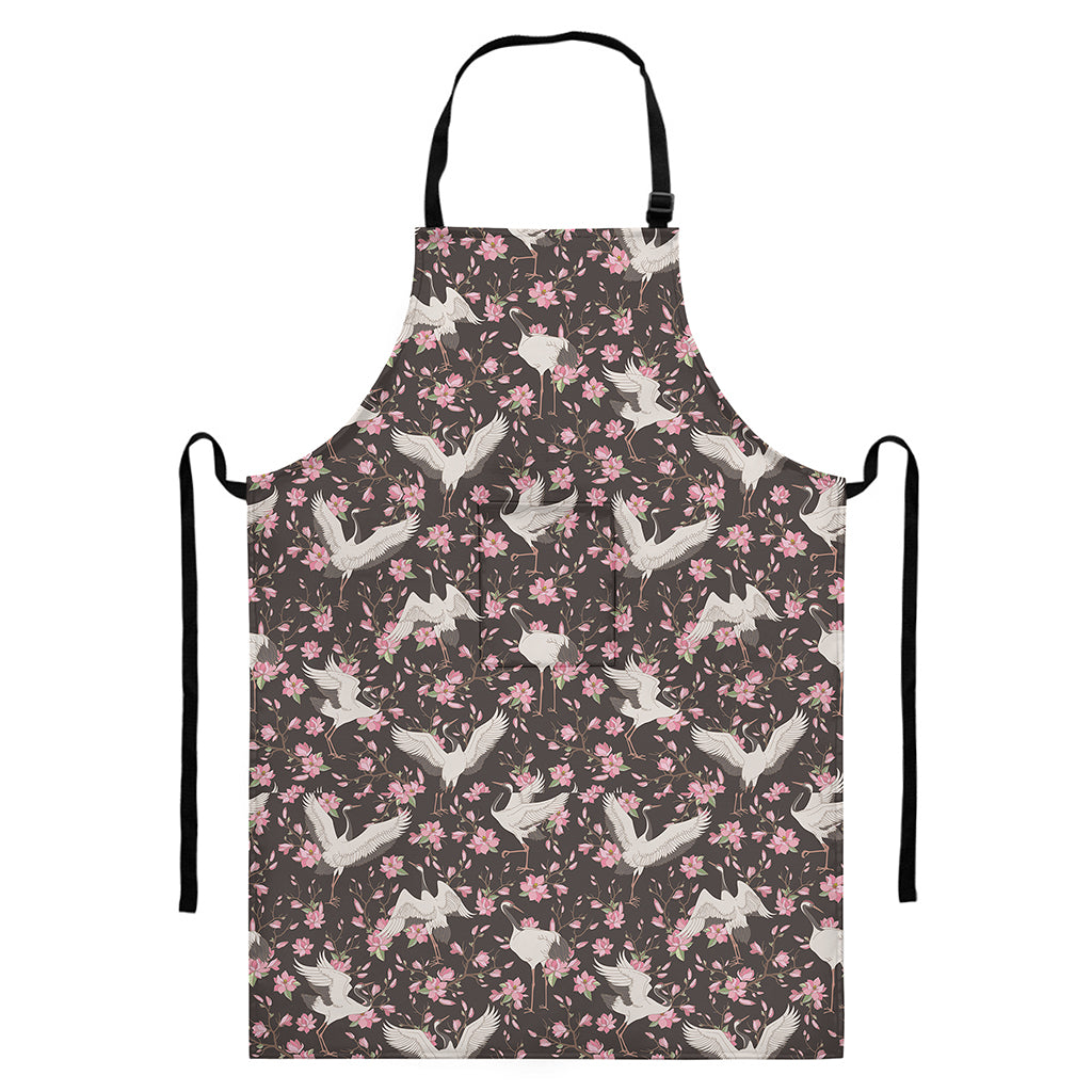 Crane Bird And Flower Pattern Print Bib Apron With Pocket