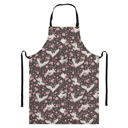 Crane Bird And Flower Pattern Print Bib Apron With Pocket