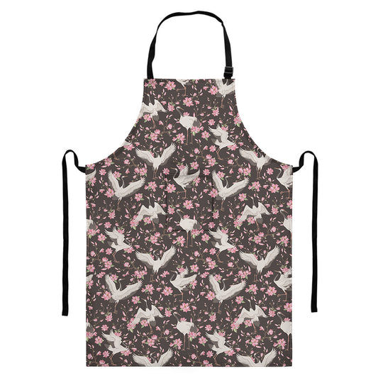 Crane Bird And Flower Pattern Print Bib Apron With Pocket
