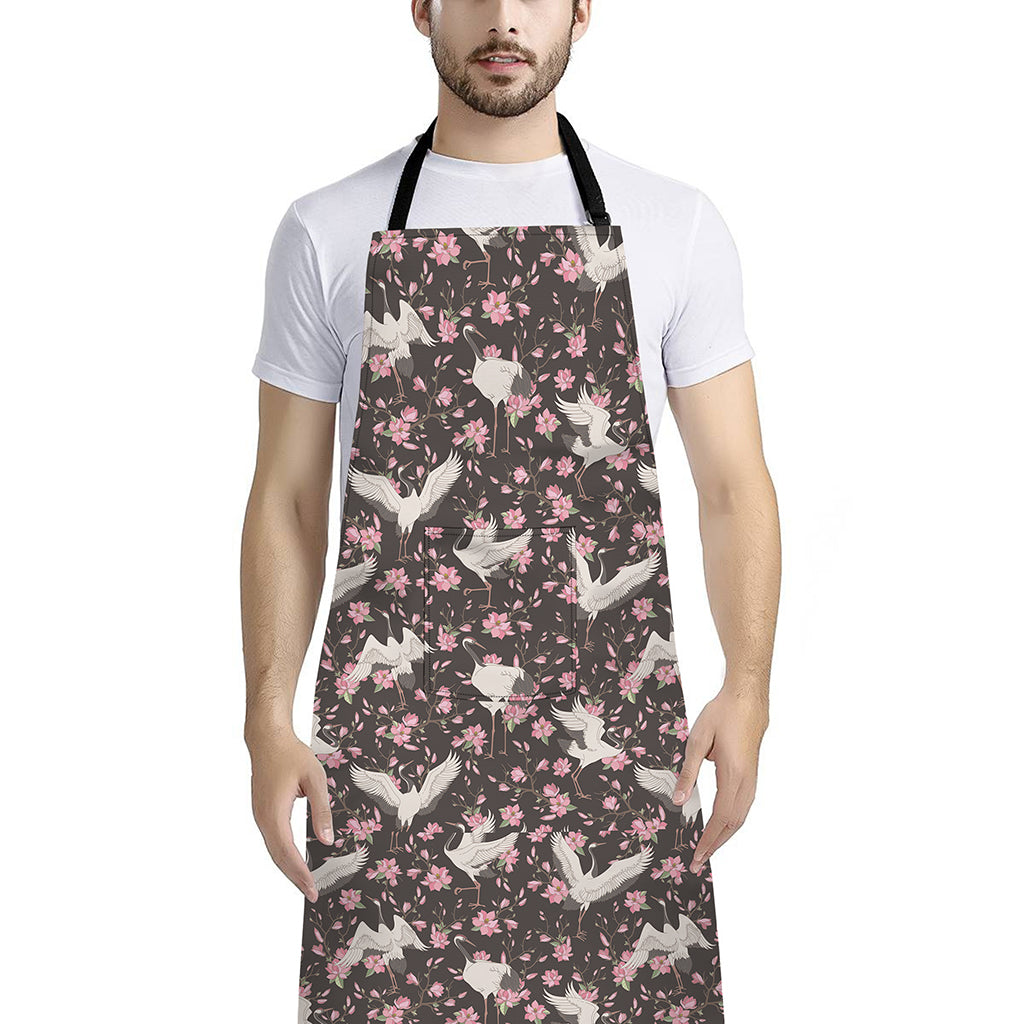 Crane Bird And Flower Pattern Print Bib Apron With Pocket