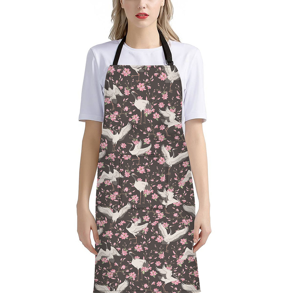 Crane Bird And Flower Pattern Print Bib Apron With Pocket