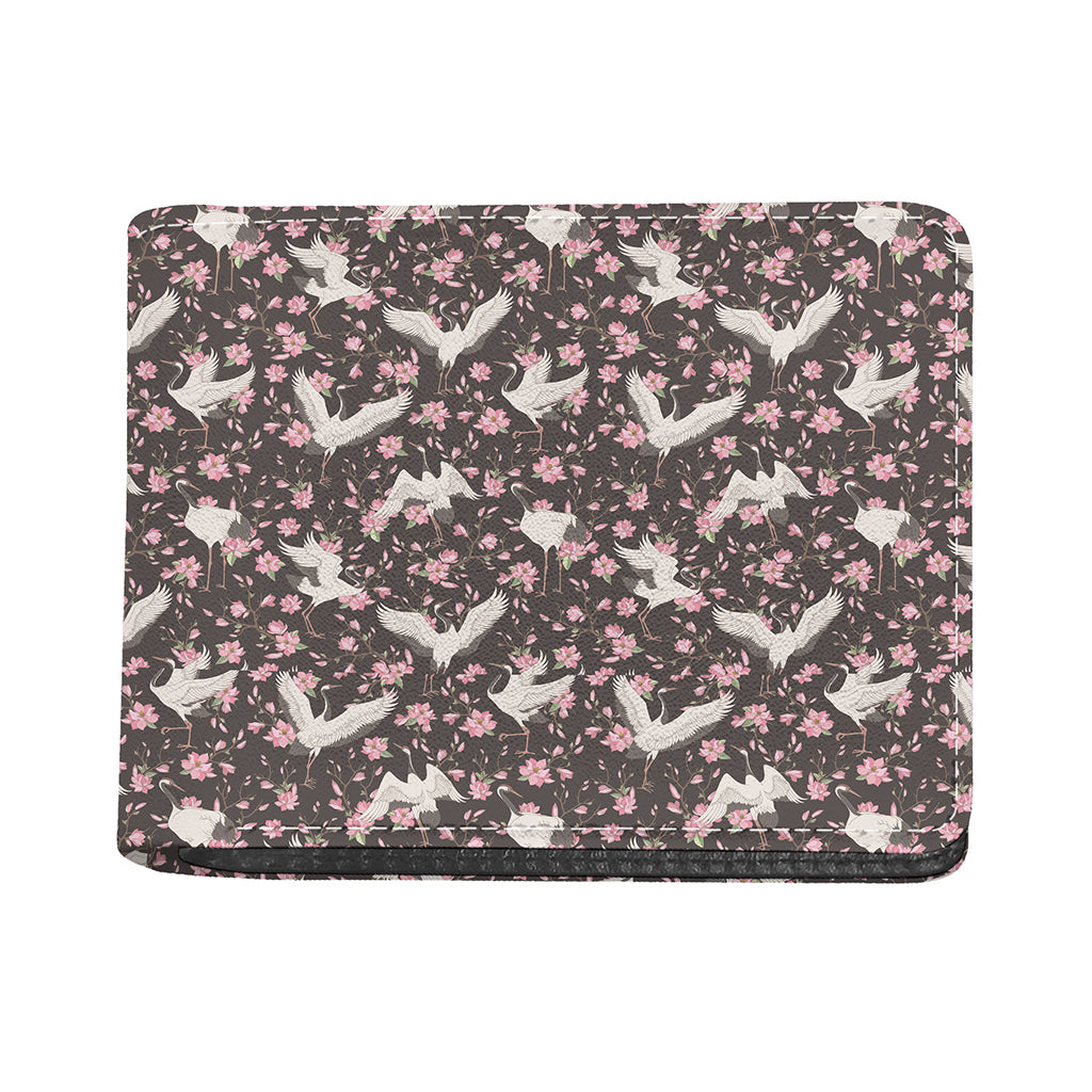 Crane Bird And Flower Pattern Print Bifold Wallet