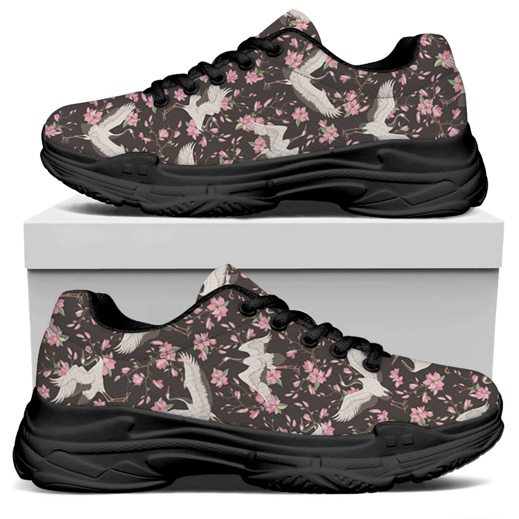 Crane Bird And Flower Pattern Print Black Chunky Shoes
