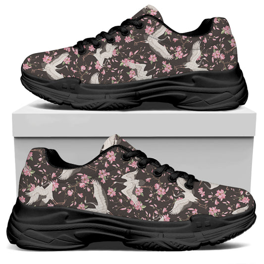 Crane Bird And Flower Pattern Print Black Chunky Shoes