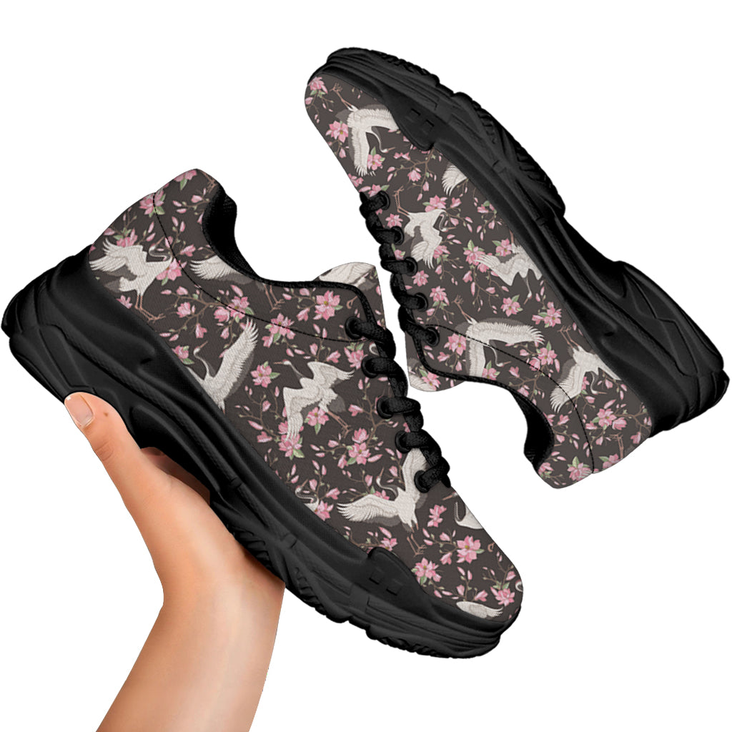 Crane Bird And Flower Pattern Print Black Chunky Shoes