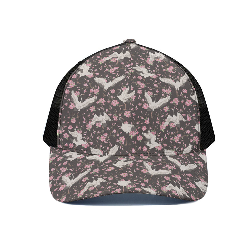 Crane Bird And Flower Pattern Print Black Mesh Trucker Cap