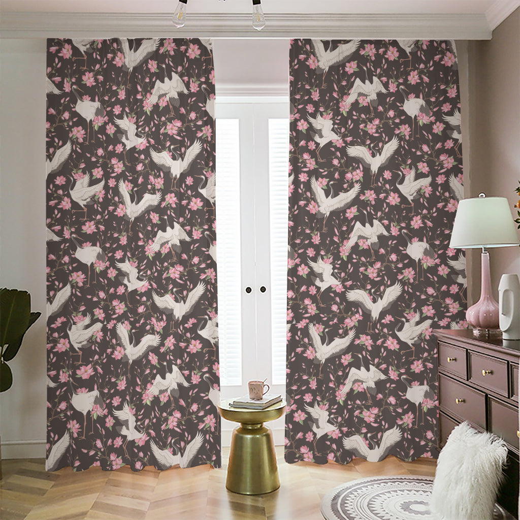 Crane Bird And Flower Pattern Print Blackout Pencil Pleat Curtains