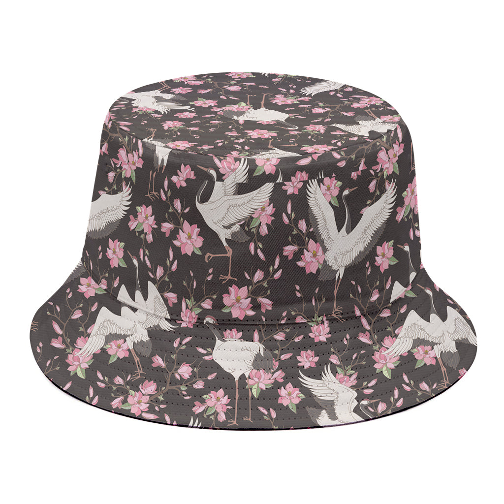 Crane Bird And Flower Pattern Print Bucket Hat