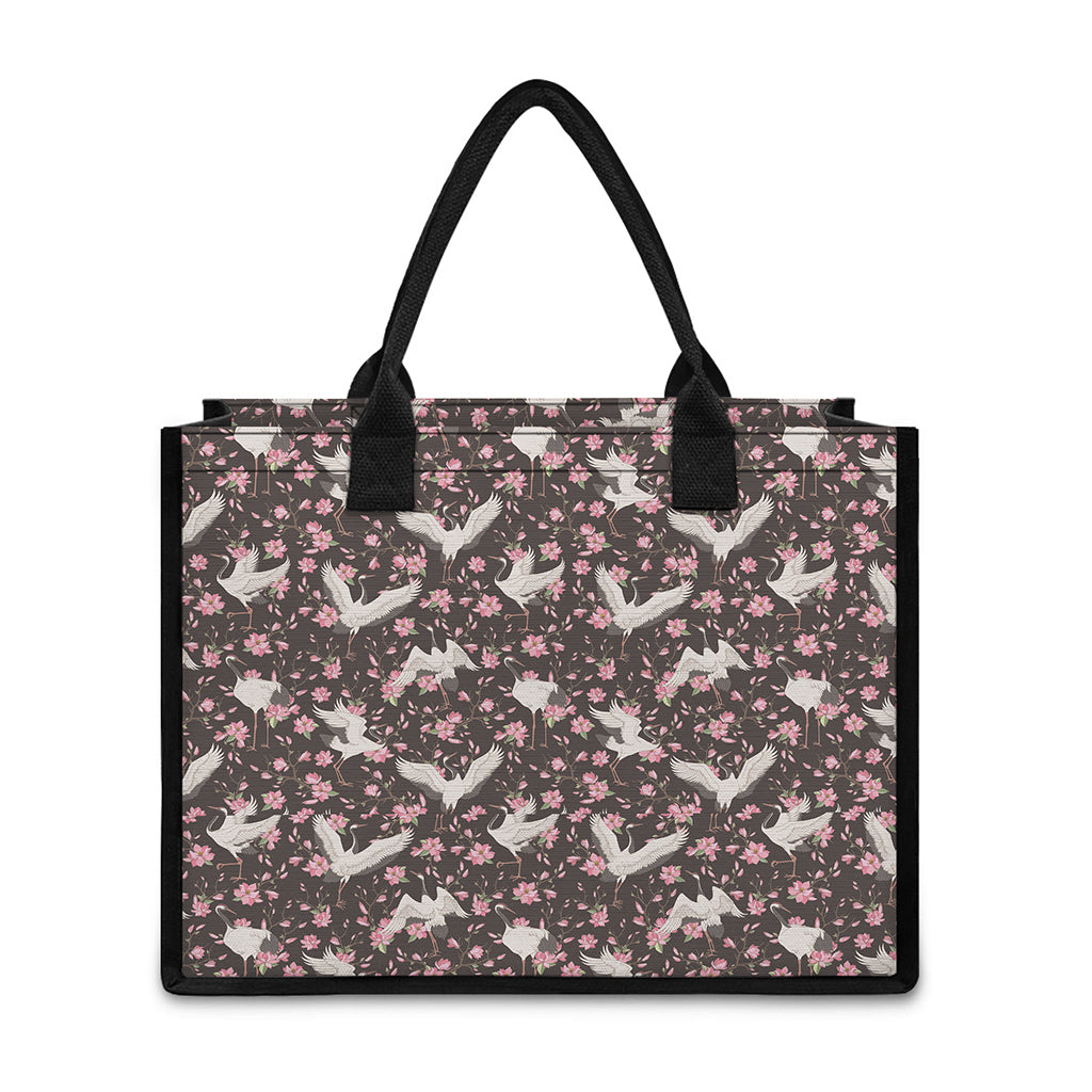 Crane Bird And Flower Pattern Print Canvas Tote Bag