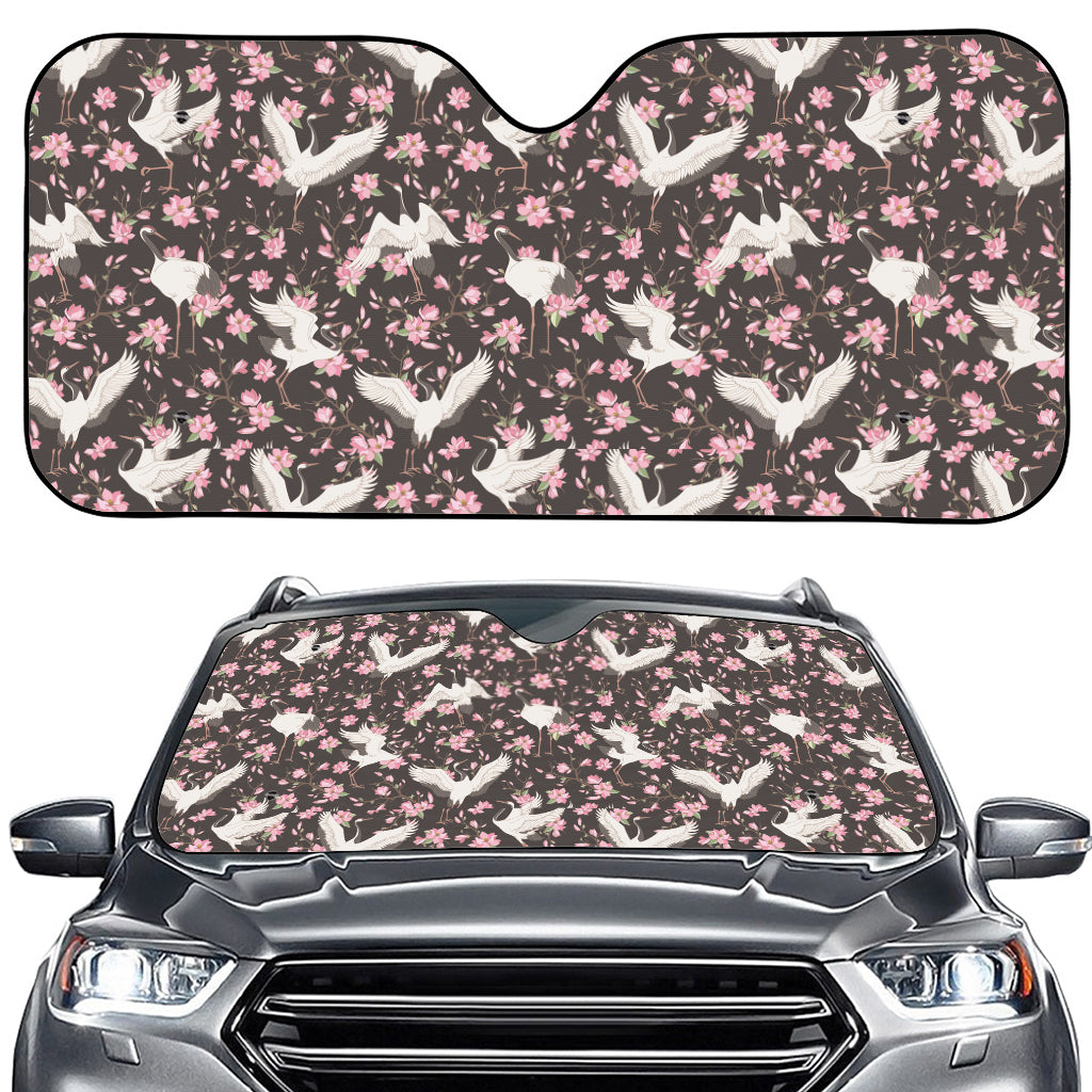 Crane Bird And Flower Pattern Print Car Windshield Sun Shade