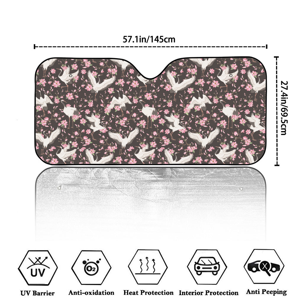 Crane Bird And Flower Pattern Print Car Windshield Sun Shade