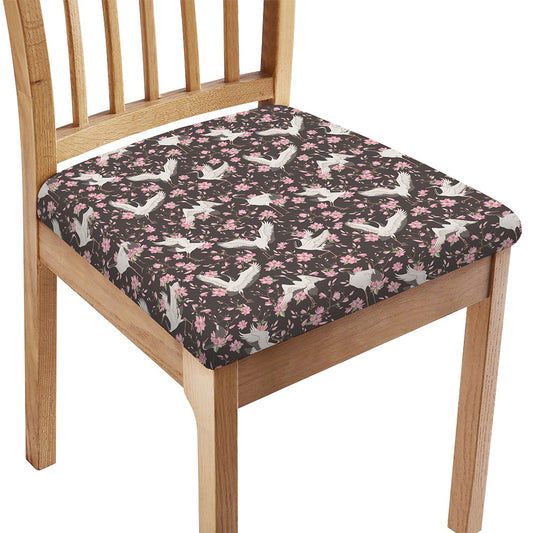 Crane Bird And Flower Pattern Print Chair Cushion Cover