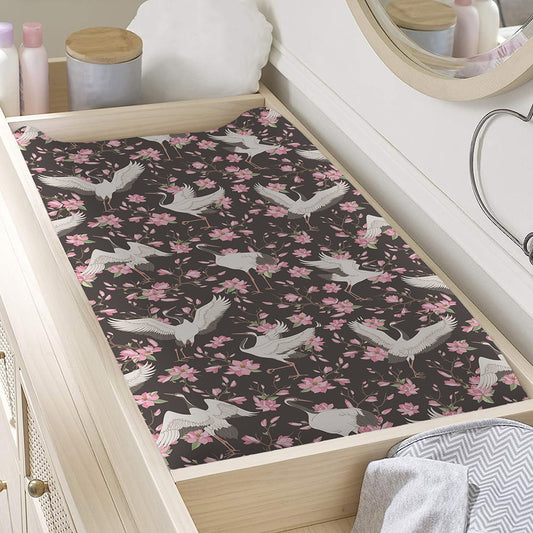 Crane Bird And Flower Pattern Print Changing Pad Cover