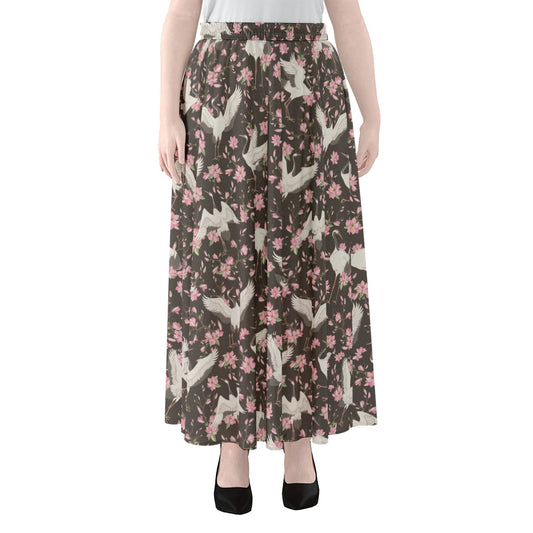 Crane Bird And Flower Pattern Print Chiffon Maxi Skirt