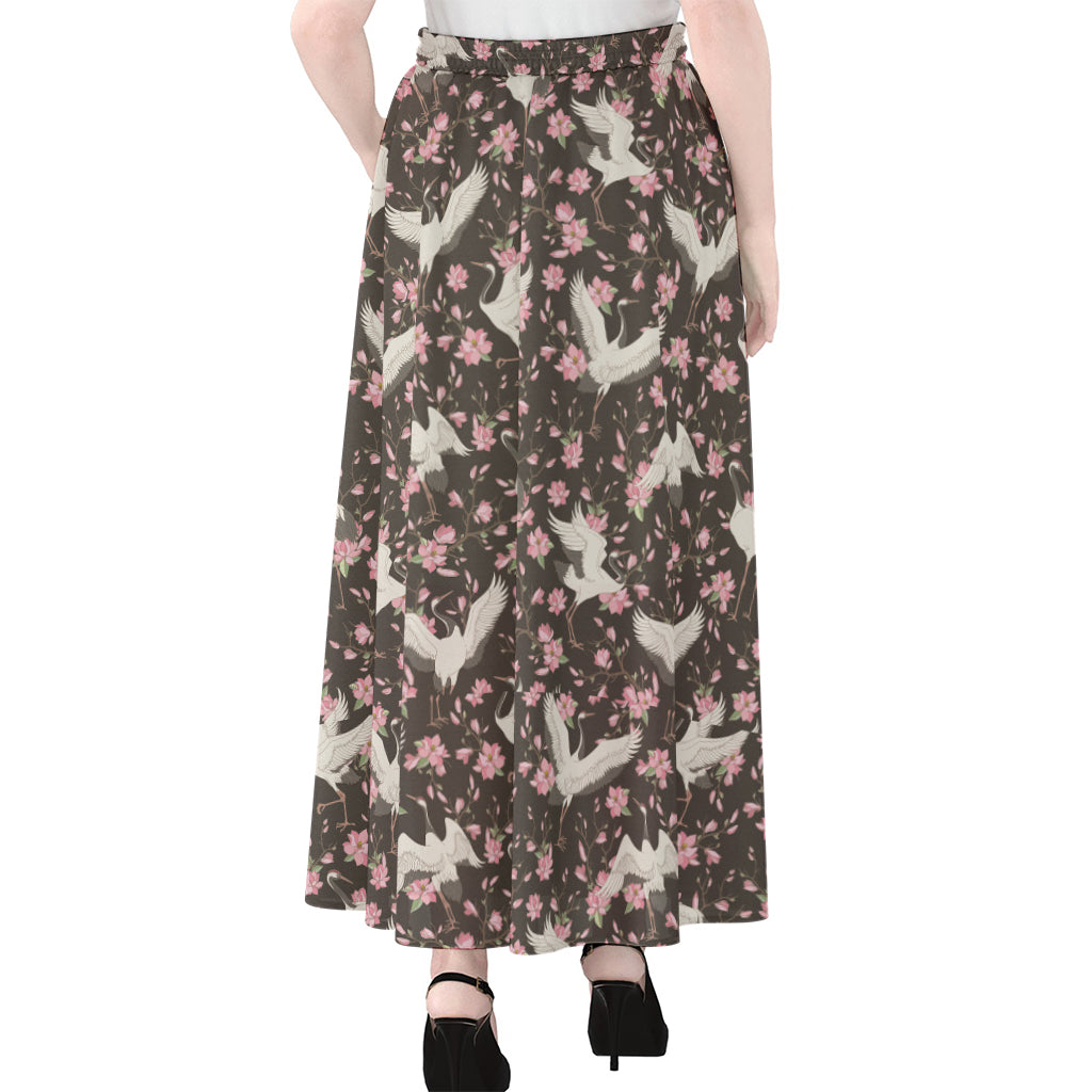 Crane Bird And Flower Pattern Print Chiffon Maxi Skirt