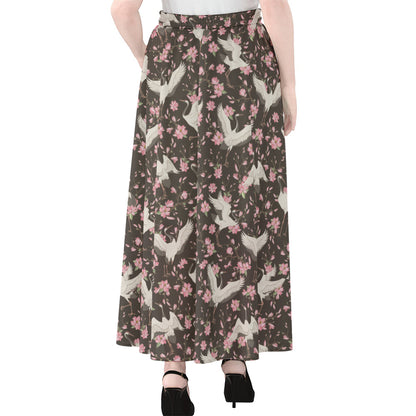 Crane Bird And Flower Pattern Print Chiffon Maxi Skirt