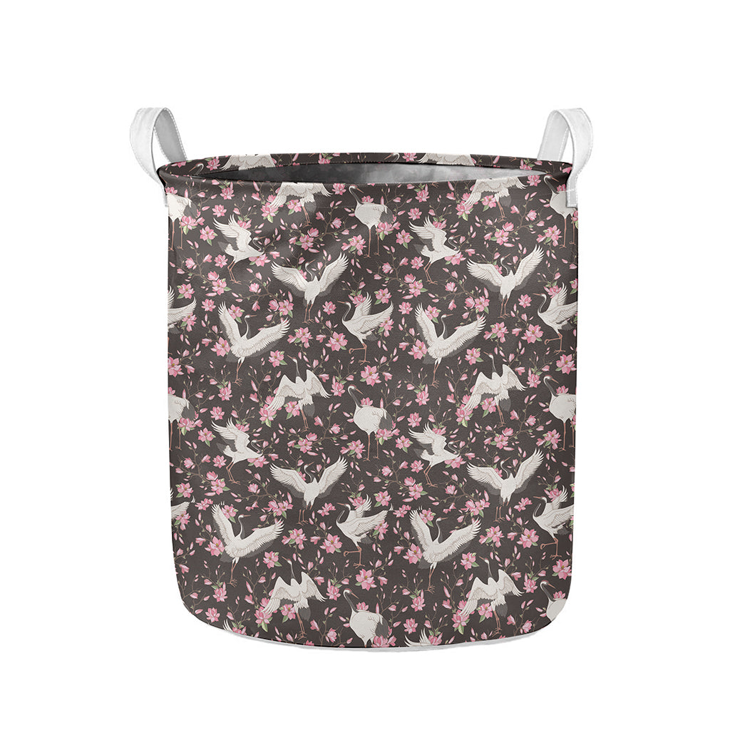 Crane Bird And Flower Pattern Print Collapsible Laundry Basket