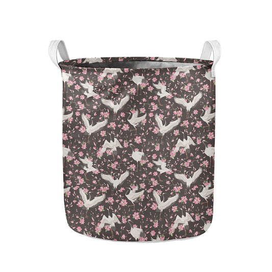 Crane Bird And Flower Pattern Print Collapsible Laundry Basket
