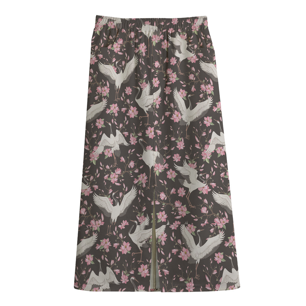 Crane Bird And Flower Pattern Print Cotton Front Slit Maxi Skirt