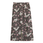 Crane Bird And Flower Pattern Print Cotton Front Slit Maxi Skirt