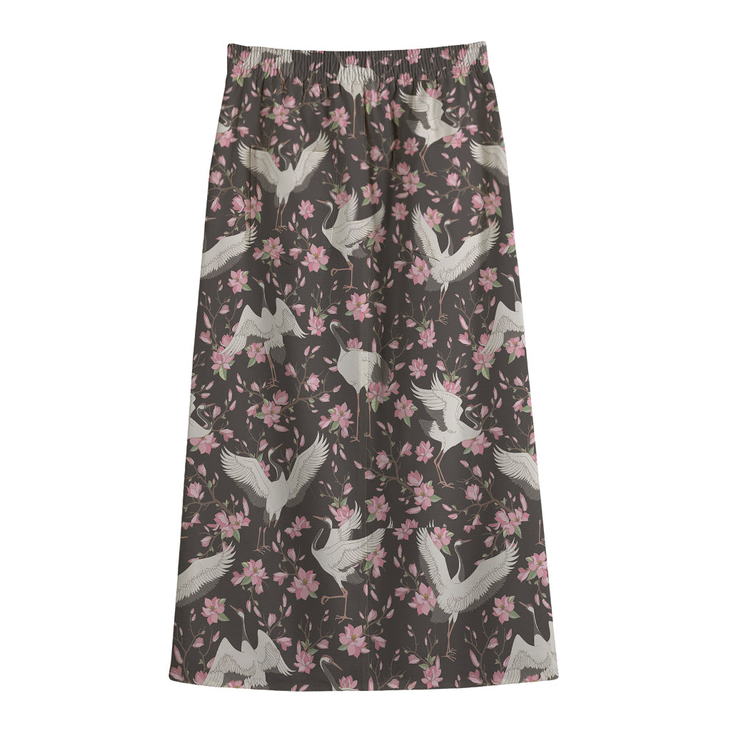 Crane Bird And Flower Pattern Print Cotton Front Slit Maxi Skirt