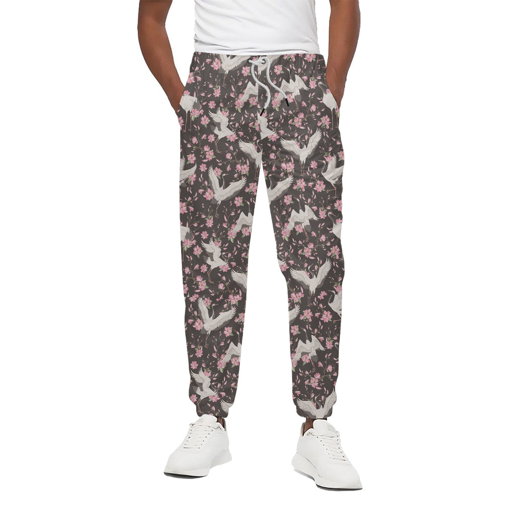 Crane Bird And Flower Pattern Print Cotton Pants