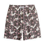 Crane Bird And Flower Pattern Print Cotton Shorts