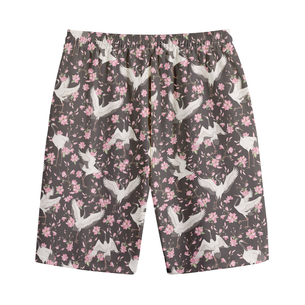 Crane Bird And Flower Pattern Print Cotton Shorts