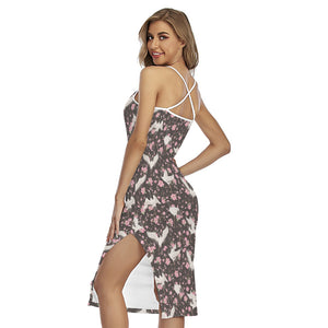 Crane Bird And Flower Pattern Print Cross Back Cami Dress