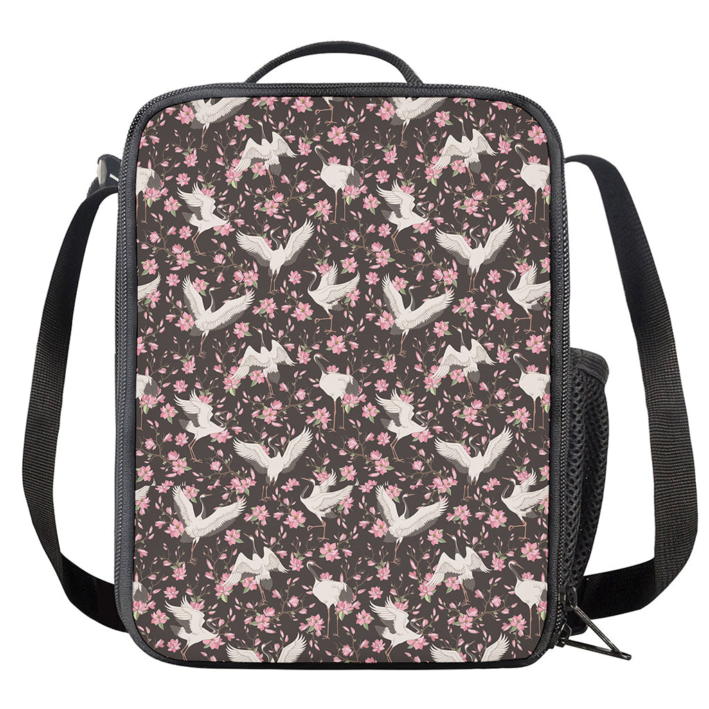 Crane Bird And Flower Pattern Print Crossbody Lunch Bag