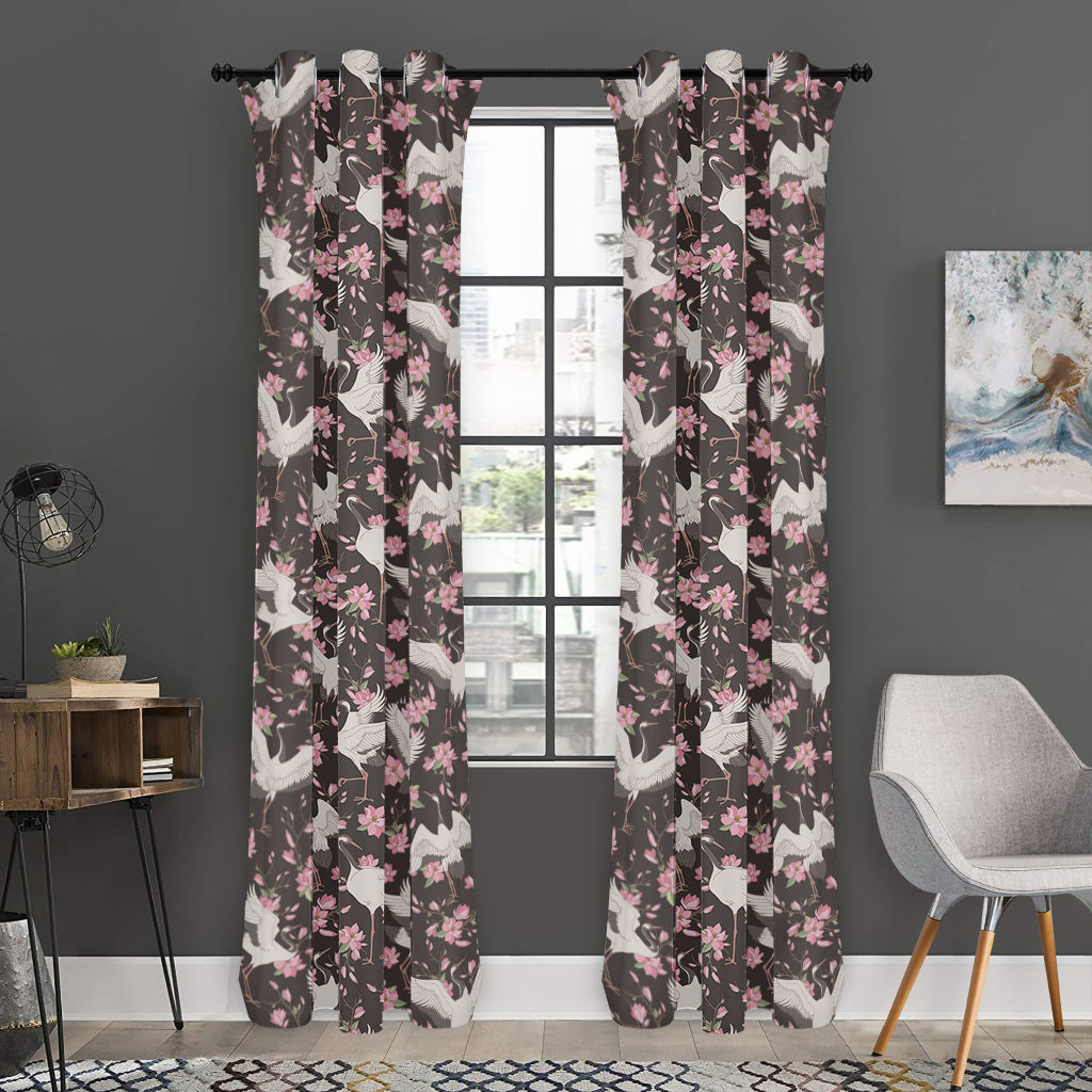 Crane Bird And Flower Pattern Print Curtain