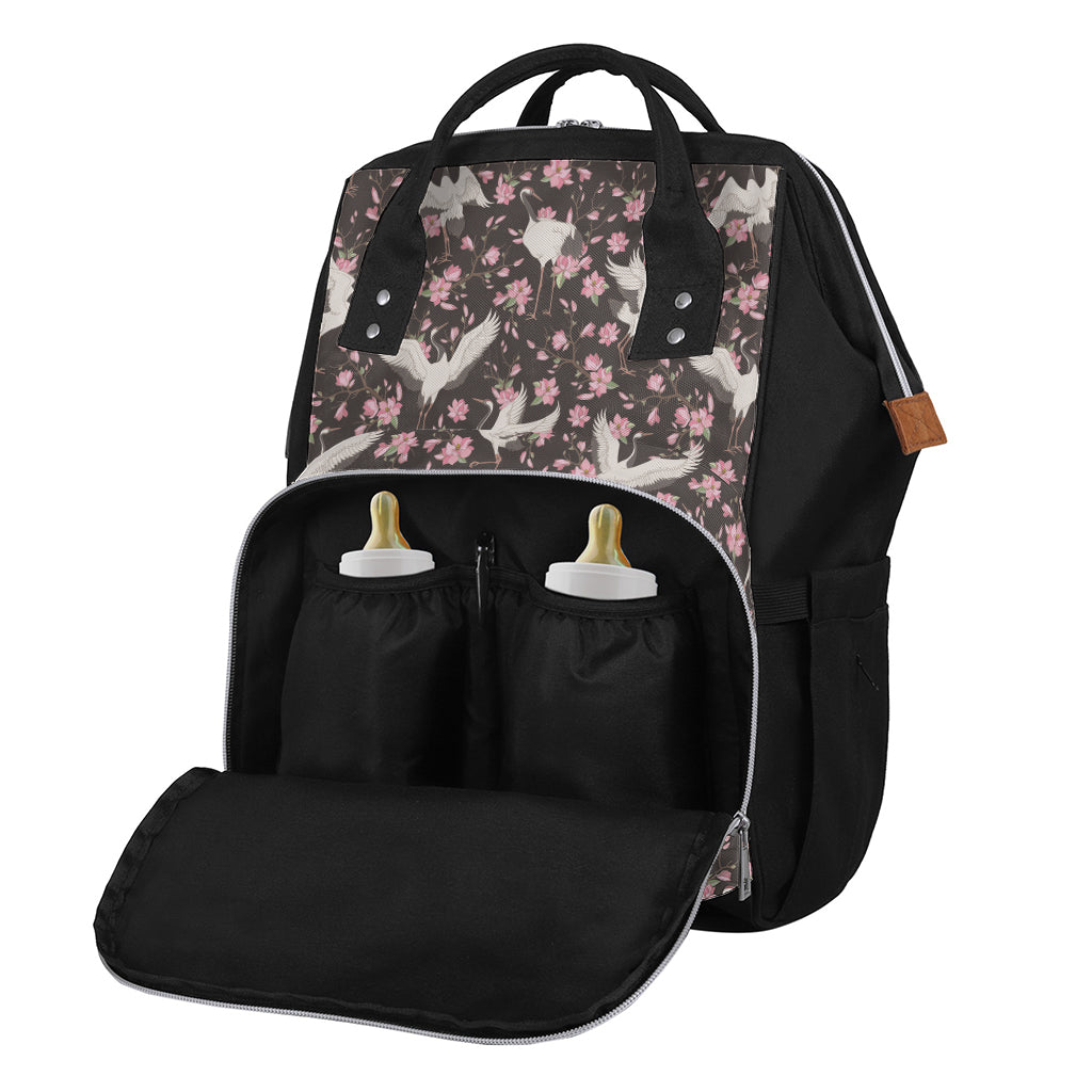 Crane Bird And Flower Pattern Print Diaper Bag