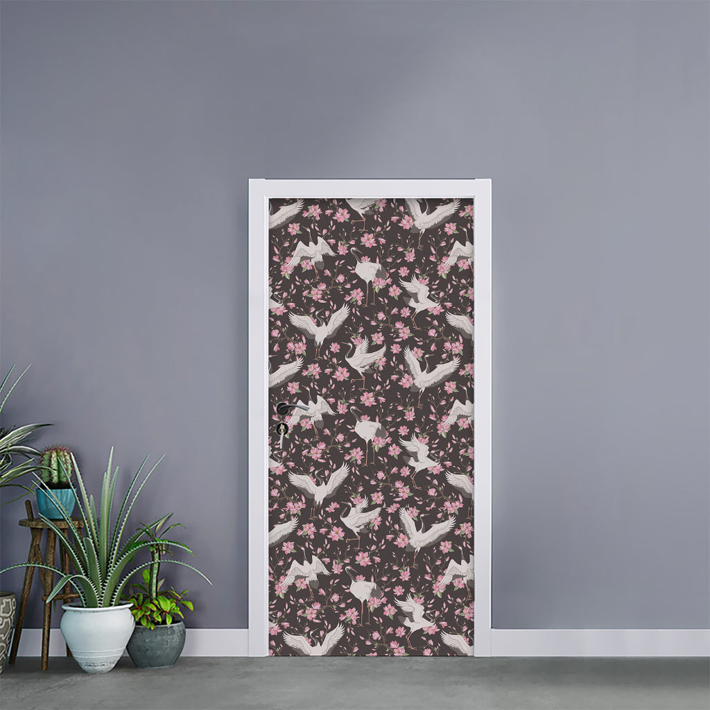 Crane Bird And Flower Pattern Print Door Sticker