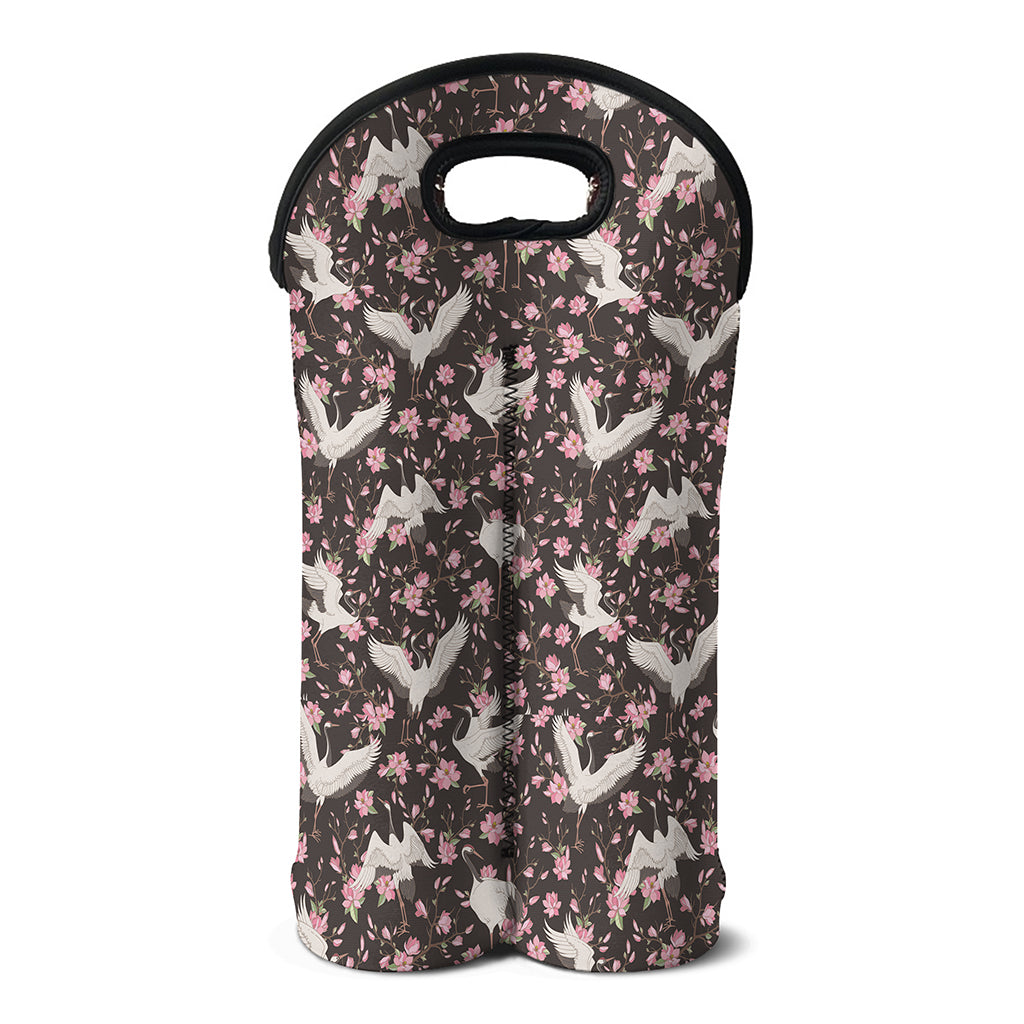 Crane Bird And Flower Pattern Print Double Neoprene Wine Tote