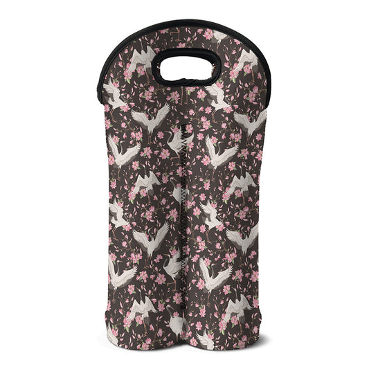 Crane Bird And Flower Pattern Print Double Neoprene Wine Tote