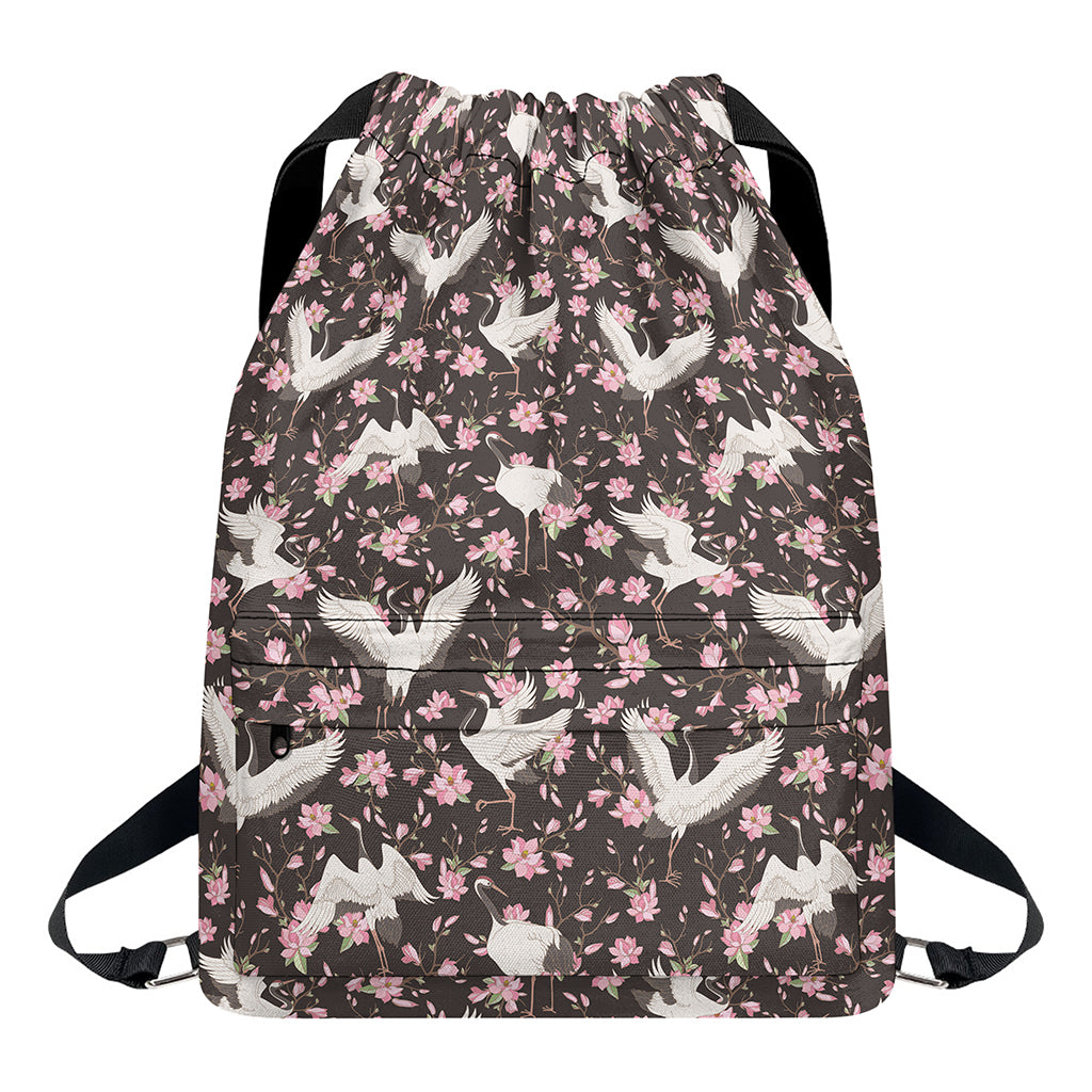 Crane Bird And Flower Pattern Print Drawstring Backpack
