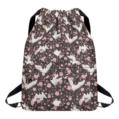 Crane Bird And Flower Pattern Print Drawstring Backpack