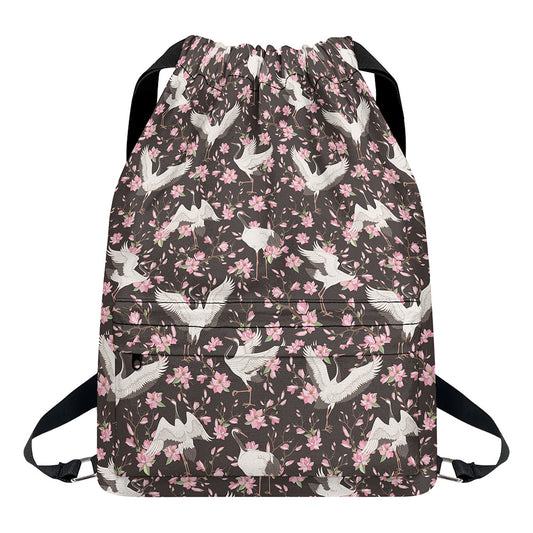 Crane Bird And Flower Pattern Print Drawstring Backpack